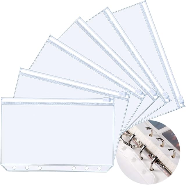 6 Pcs A6 Plastic Zipper Budget Binder Pockets,A6 Size 6Hole Plastic Binder Zipper Folders Waterproof Loose Leaf Bags Notebook Documents,Photo,Bills Organizer Money Cash Envelope Punch Wallet Organiser