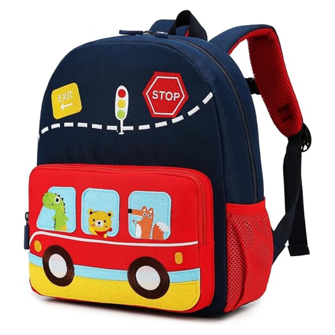 Impulse Zoomy Zoo Bus Blue Kids School Backpack for Boys & Girls | Cute Cartoon Bus Design | Waterproof Polyester Bag | Comfortable Back Support | Preschool & Toddler School Bag
