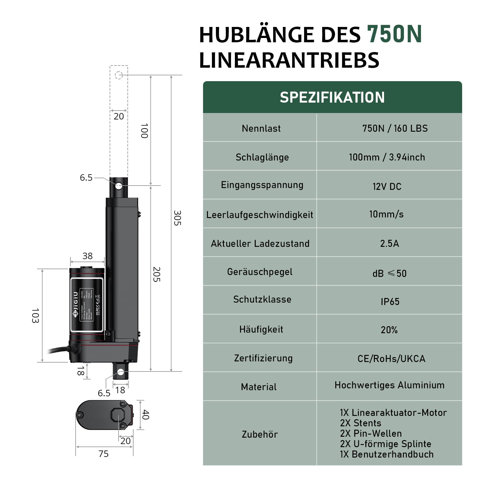 JiGiU Linearantrieb 100mm 750N 160LBS DC 12V IP65 Wasserdicht Linearmotor Elektrischer Türöffner