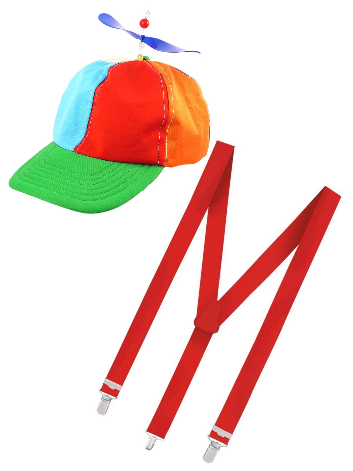 Royal Fashion Tweedle Dee Inspired Costume Set – Unisex Adults Colourful Propeller Hat & Braces for Fancy Dress, Book Week, Hen/Stag Night, Cosplay, Storybook Theme Party Outfit