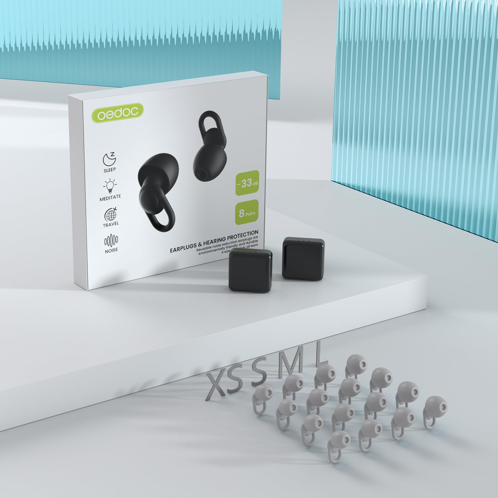 Tapones de silicona para reducción de ruido, reutilizables, suaves y cómodos para dormir, sensibilidad al ruido y vuelos, 16 almohadillas en XS/S/M/L, con 2 cajas de viaje, cancelación de ruido de 33