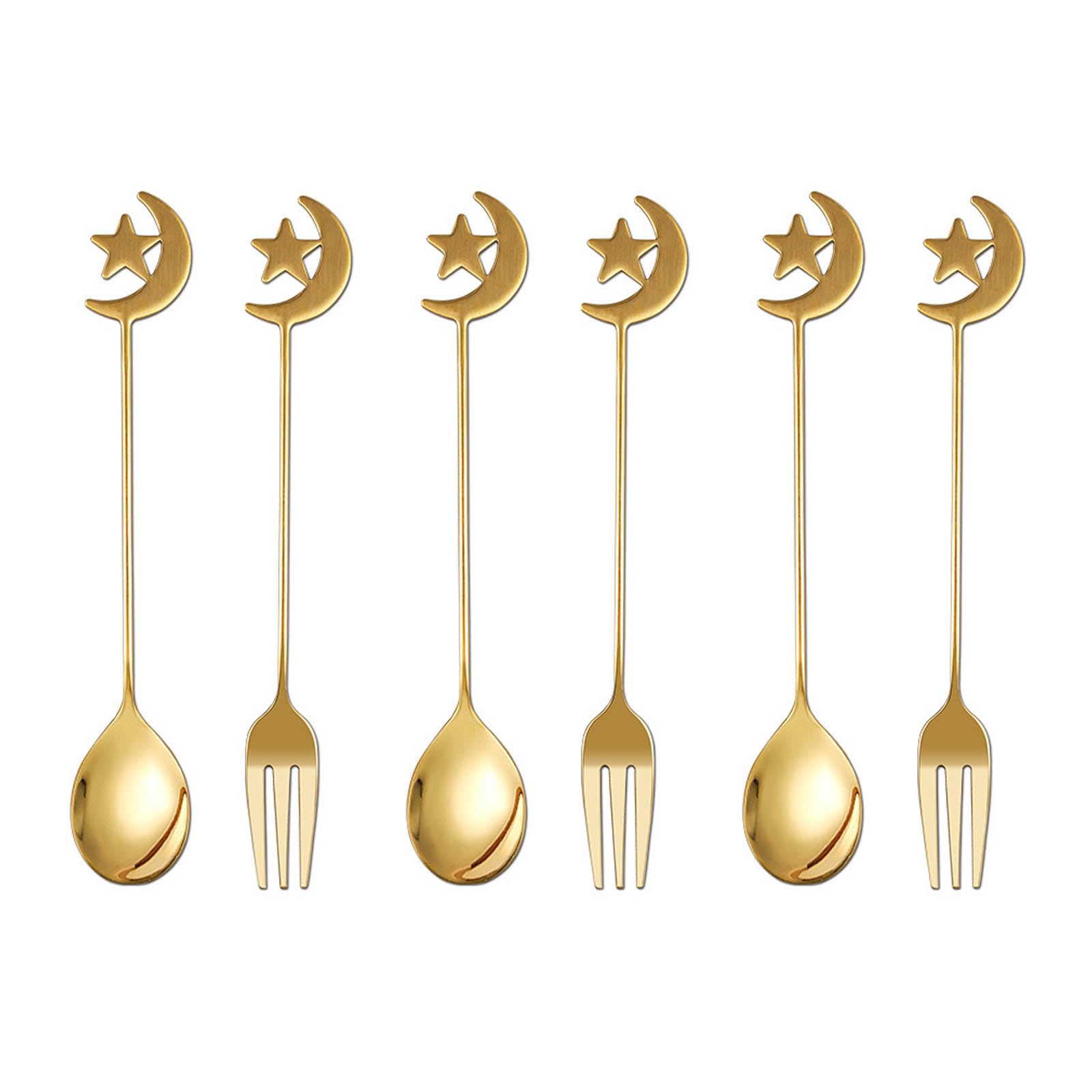 6 Pcs Ramadan Spoon & Fork Set Stainless Steel Ramadan Coffee Tea Spoon Fruit Cake Fork for Home Table Decoration Creative Tableware Gift for Friends and Family (Fork & Spoon)