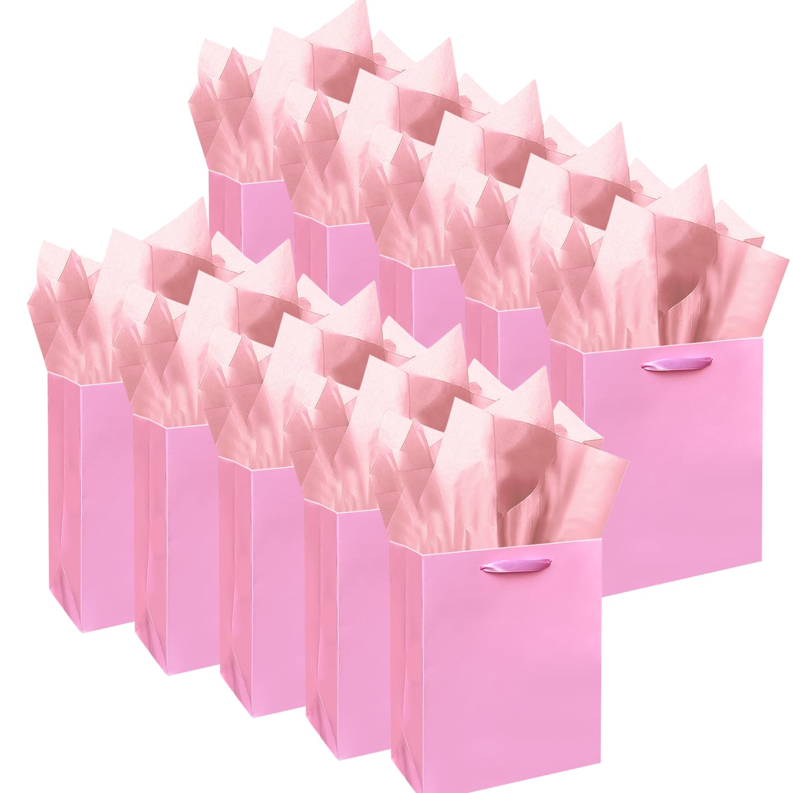 Gcardist Pack of 10 Pink Mini Gift Bags with Tissue Paper Handles, 6.3 x 4.7 x 2.4 inches, Small Gift Bags for Party Favors (20 Pieces Tissue Paper)