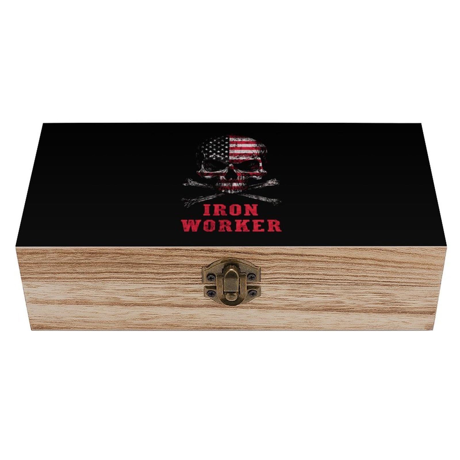 HLBSDM Skull Iron Worker U.S.A Flag Wooden Storage Box Craft Memory Keepsake Treasure Chest Box Jewelry Organizer