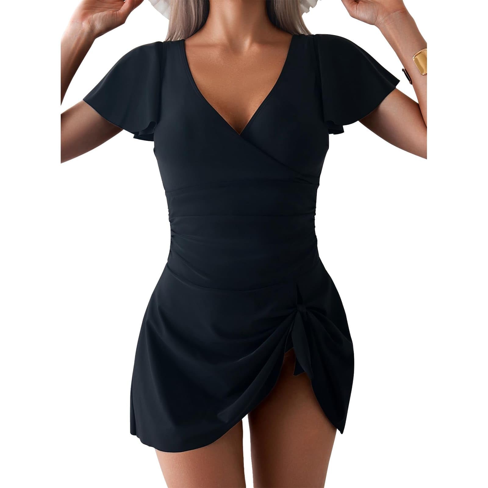 TcIFE Damen Einteilige Badekleid Badeanzug mit Rüschen Bauchkontrolle Schwimmkostüm Knoten Vorne Minirock Badeanzüge