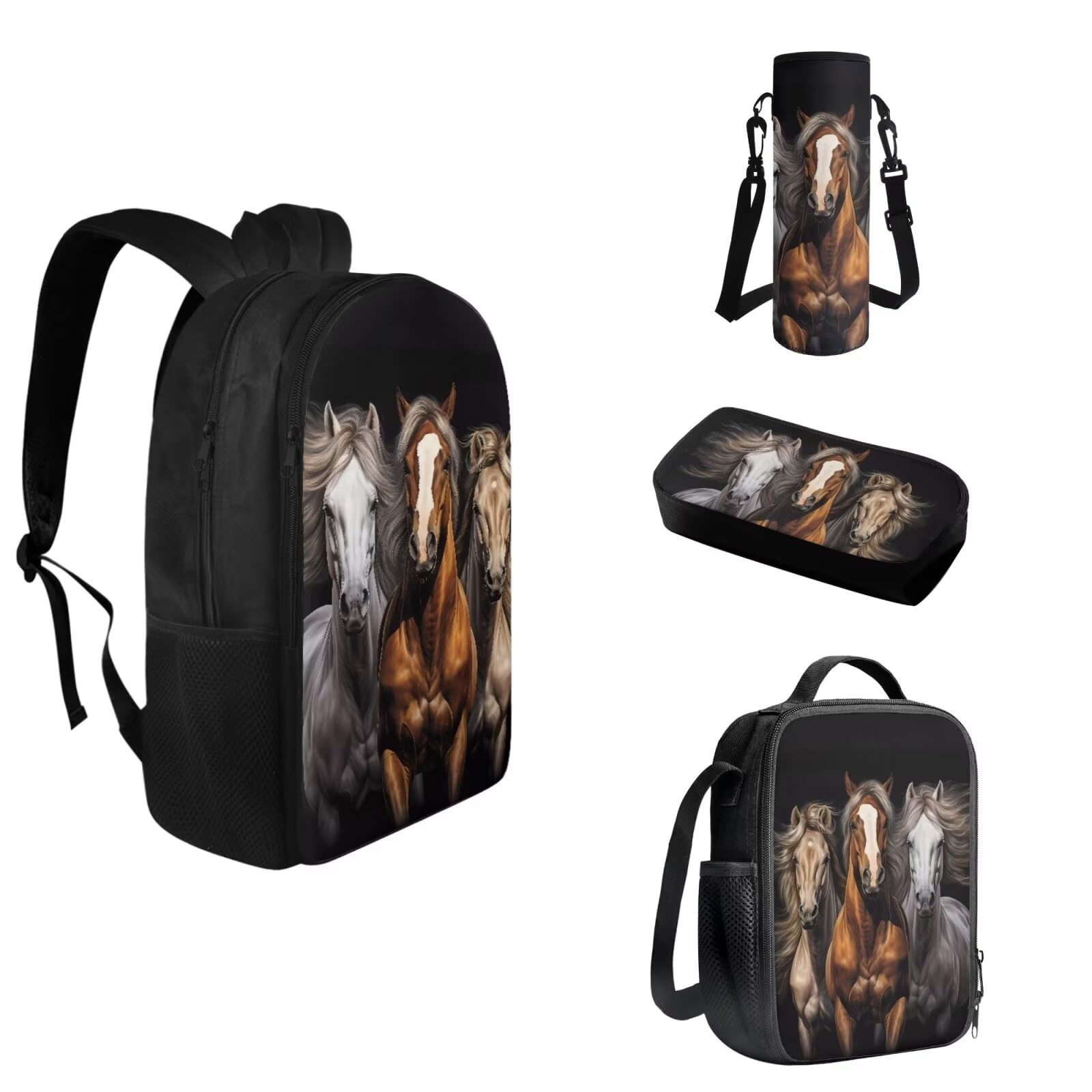 COEQINE Juego de 4 mochilas con temática de caballos para niños, adolescentes, niñas, lonchera, estuche para lápices, botella de agua grande, Caballos negros