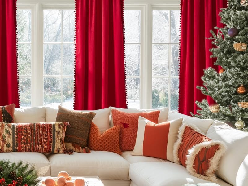 - Treatmentex Red Pom Pom Velvet Curtains for Christmas Holiday Season 42"x 84" Length Soft Room Darkening Window Drapes for Living Room, 2Panels, Rod Pocket