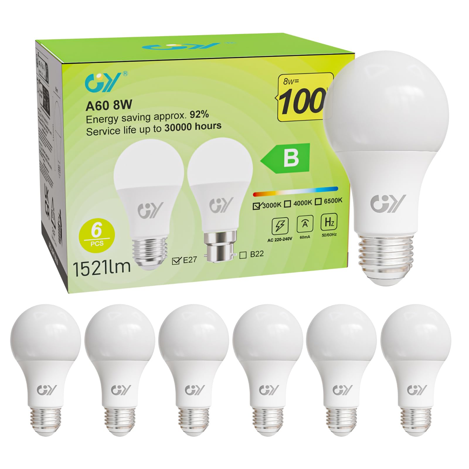 GY GY E27 Screw LED Warm White 3000K Bulb,A60 8W 1521LM Energy Saving Bulb, Energy Efficiency Class-B, Replaces 100W 360° Beam Angle, Non-dimmable, 6 PCS