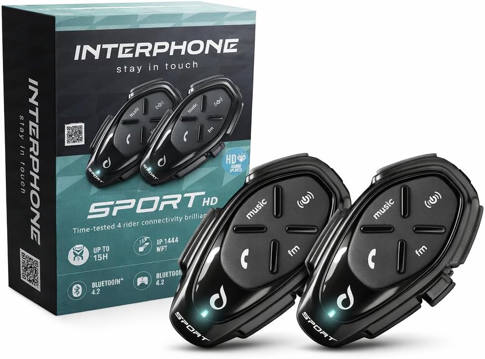 INTERPHONE SPORT HD - Doppio - Interfono da Casco Moto con Auricolari HD Hifi mm 40, 4 motociclisti, Distanza 1Km, Autonomia 20 ore - Standby 1.000 ore, TFT, GPS, Impermeabile, Universale Mod. 2024