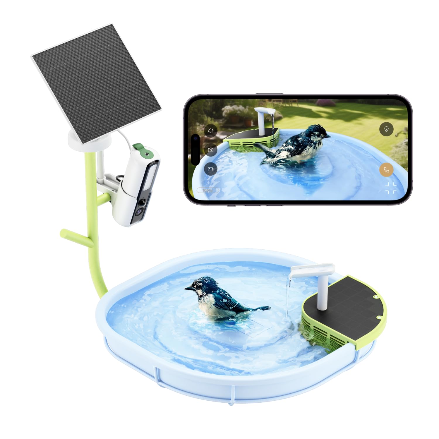 RELI Birddy Bain d'oiseaux intelligent original avec caméra solaire, bain d'oiseaux à flux automatique avec caméra d'observation des oiseaux, identification AI, vue en direct, notification instantanée