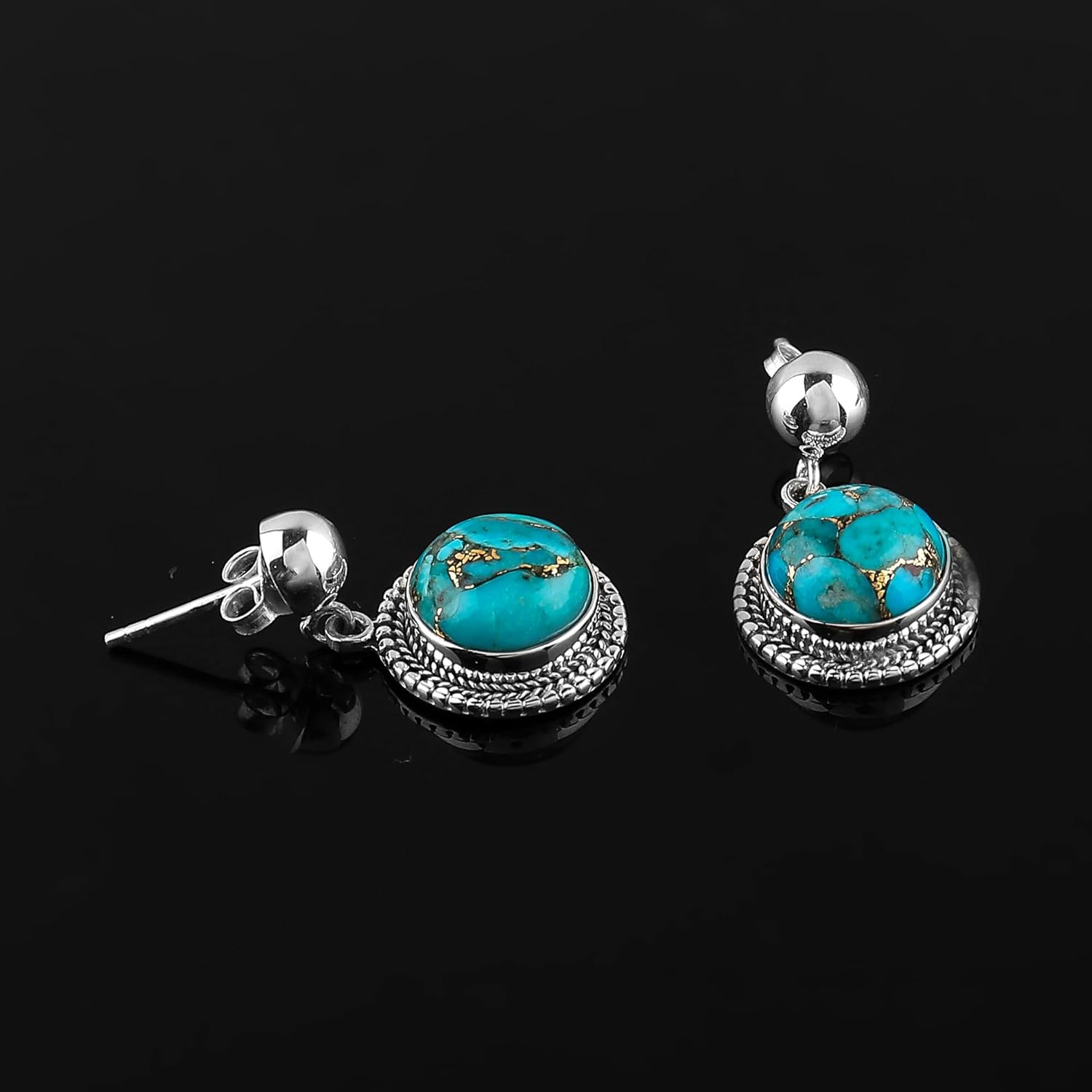 925 Sterling Silver Studs, Genuine Copper Turquoise Gemstone Earrings, Handmade Desinger Bohomian Jewelry, December Birthstone, Elegant Statement Fashion Stud Earring, Christmas Day Gift - Image 3