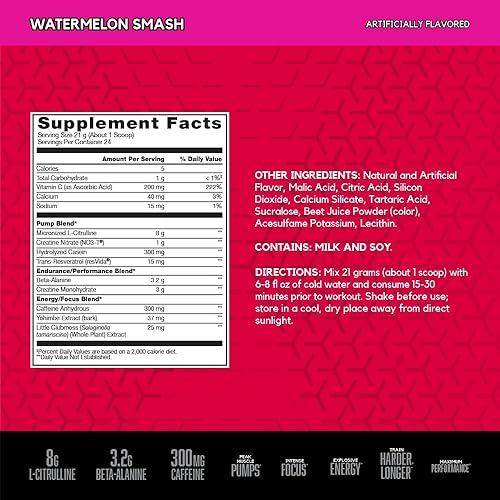 Vista 2 de BSN N.O.-XPLODE Vaso - Polvo para preentrenamiento con 0.31 onzas de L-citrulina y 0.11 oz de beta-alanina y energía, sabor: Watermelon Smash, 24