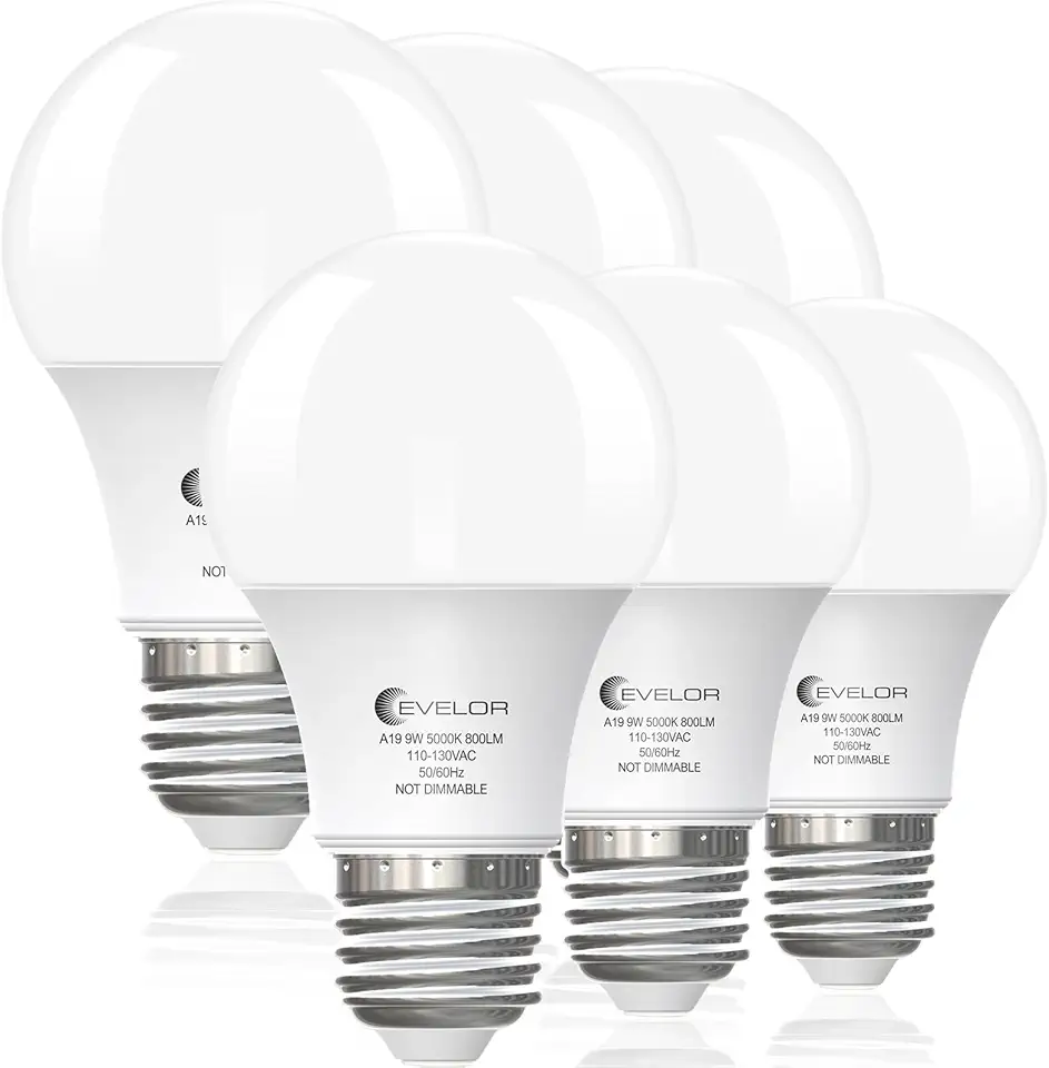 6-Pack A19 LED Light Bulbs,60 Watt Equivalent Daylight 5000K with E26 Base,Efficient 9W,800 Lumens Non-Dimmable LED Bulbs,15000 Hours, Ideal for Bedroom Living Room