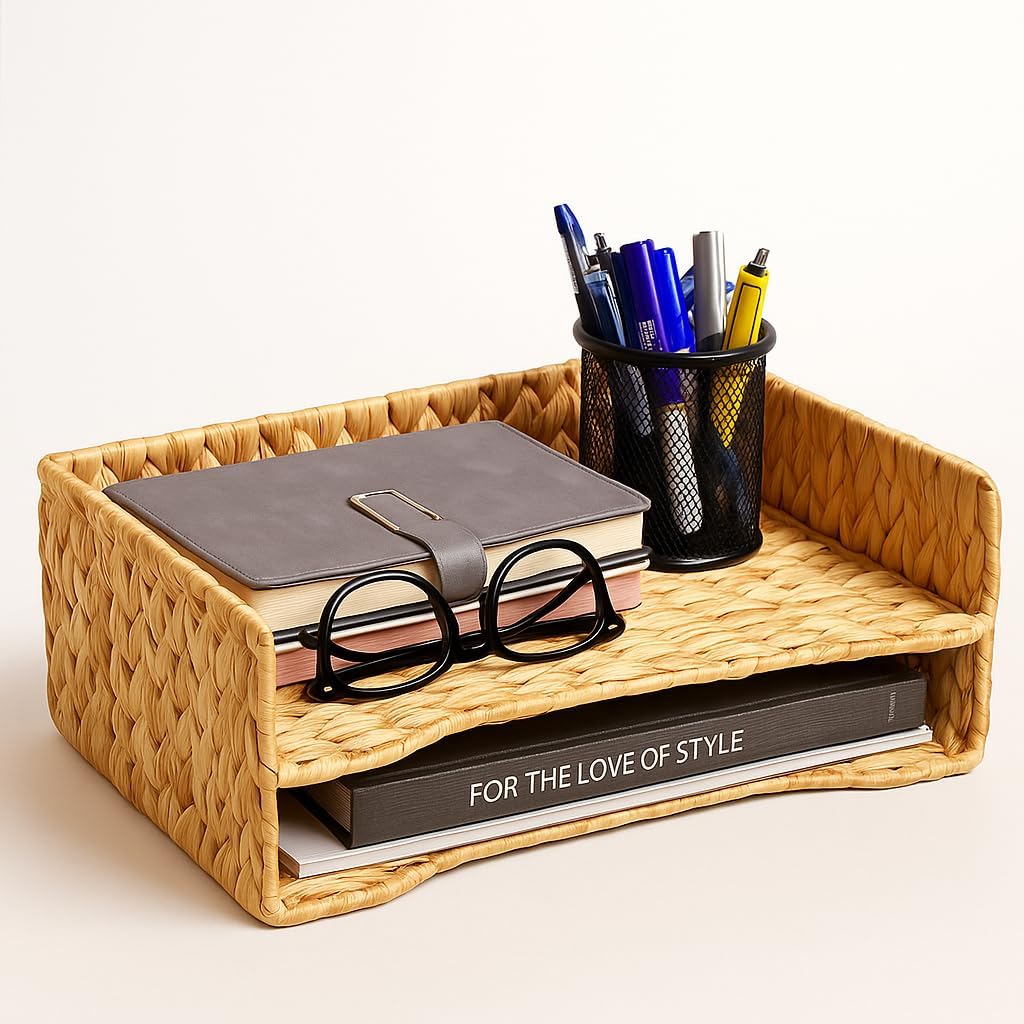 PINXIURY 2-Tier Water Hyacinth Letter Tray – Woven Paper & Mail Organizer for A4 Files, Magazines, Office Documents Desktop File Basket for Home Office Supplies PINXIURY 2-Tier Water Hyacinth Letter Tray – Woven Paper & Mail Organizer for A4 Files, Magazines, Office Documents Desktop File Basket for Home Office Supplies