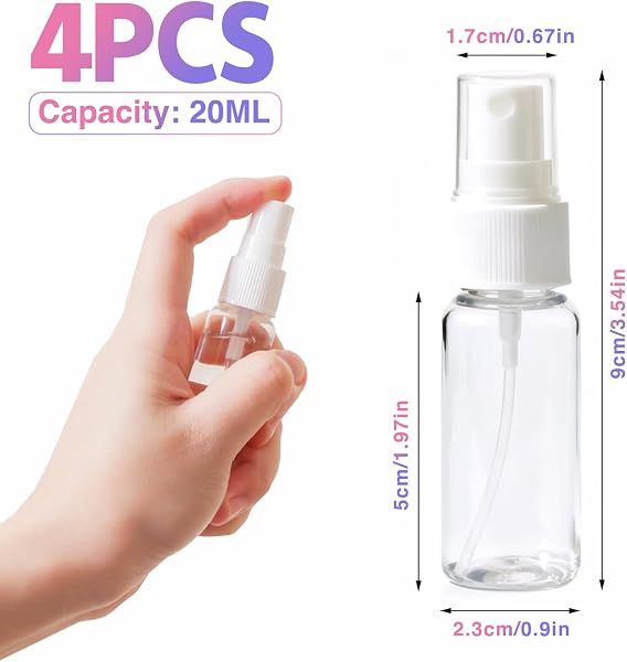 Sprühflasche 4 X 20ml Kleine Sprühflasche Spray Bottle Transparente Zerstäuber Flaschen Tragbares Reiseflaschen Set Leer Kleine Kosmetika Sprayflasche für Parfüms Öle Alkohol und Wasser (4 x 20ml) - 2