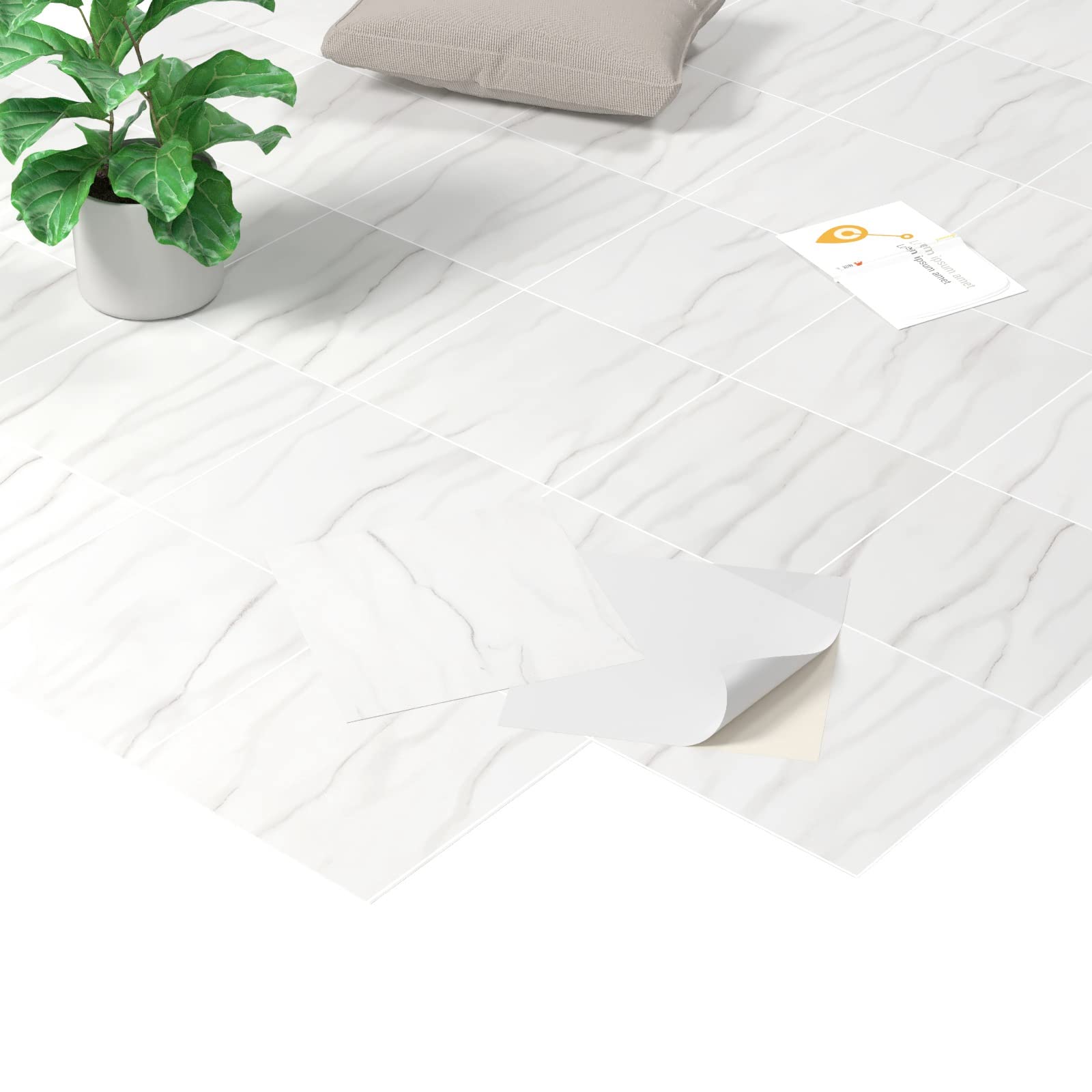 Homease Suelo de PVC autoadhesivo con efecto mármol, suelo de vinilo, antideslizante, impermeable, cortable, aspecto de azulejos, para cocina, salón, balcón, color blanco mate, 50 azulejos, 4,5 m²