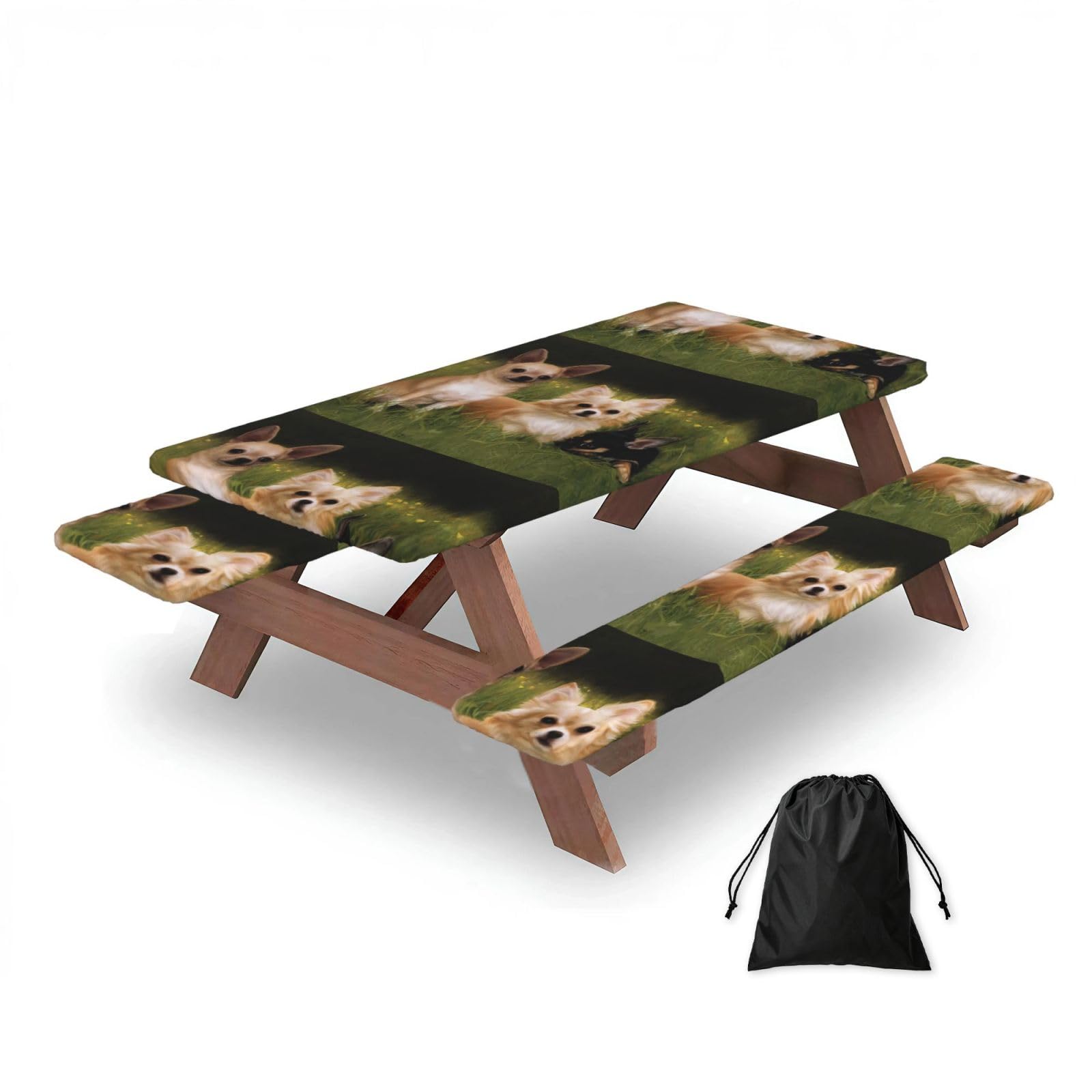 Dopklna As Picture Chihuahuas Dog, Picnic Table Cover With Bench Covers -Waterproof Elastic Fitted Tablecloth For Garden Camping Patio 76X152cm