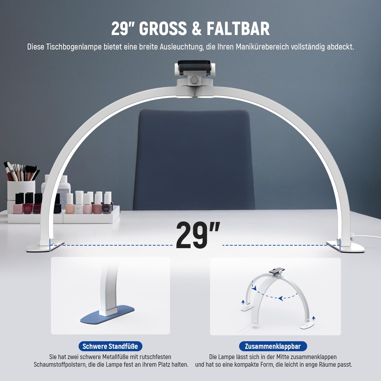 NEEWER Basics 29" Halbmond Nagellampe für Tisch, 36W klappbare Nagelstudio Bogenlampe, LED Maniküre Halb Ringlicht mit Handyhalter für Makeup Beauty Tattoo Überkopf Videoaufnahmen, HM02-D