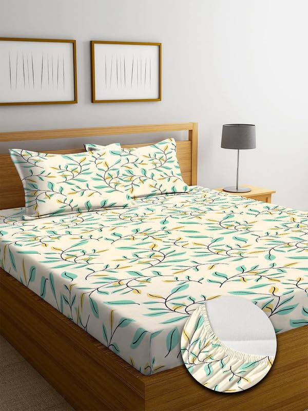 Image of NHD HOME Premium Cotton Elastic Fitted Bedsheets with 2 King Size Pillow Covers | Double Bed with All Around Elastic 220 TC Supersoft |Size-72 King Sizex78+10 inches | Floral, White Green