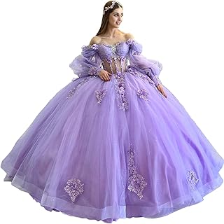 3D Flowers Quinceanera Dress with Sleeves Shiny Beaded Sweet 16 Ball Gown with Train Glitter XV Dress SE032 - Buy now