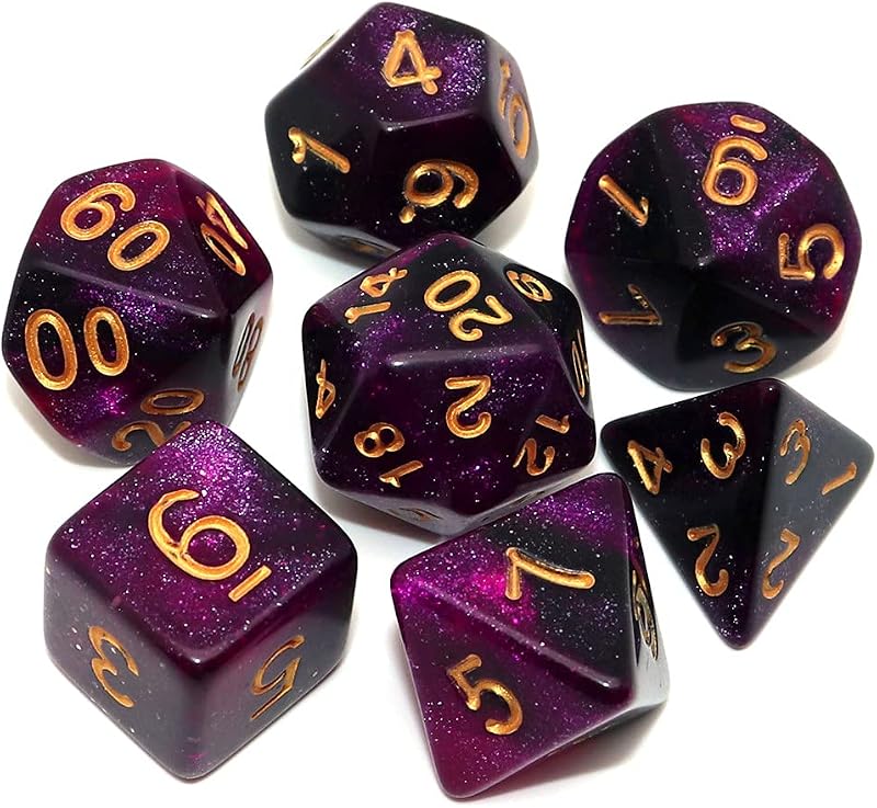 Black Mix Purple Nebula Dice DND Polyhedral Dice Set for Dungeon and Dragons D&D Pathfinder RPG Board Games 7-Die Set with Dice Bag