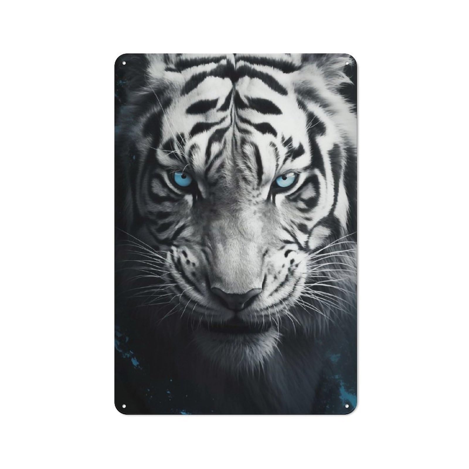 Junmoney White Tiger With Blue Eyes For Hobby Room Or Studio, Rustic Metal Sign 30X20cm, For Creative Interior Collectors Refreshing A Room In Autumn