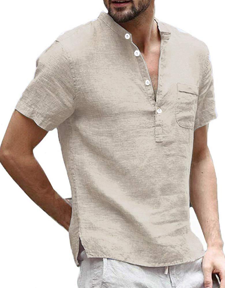 Enjoybuy Men's Linen Henley Shirts Summer Beach Short Sleeve Loose Fit T Shirt Button Up Lightweight Clothing Tops