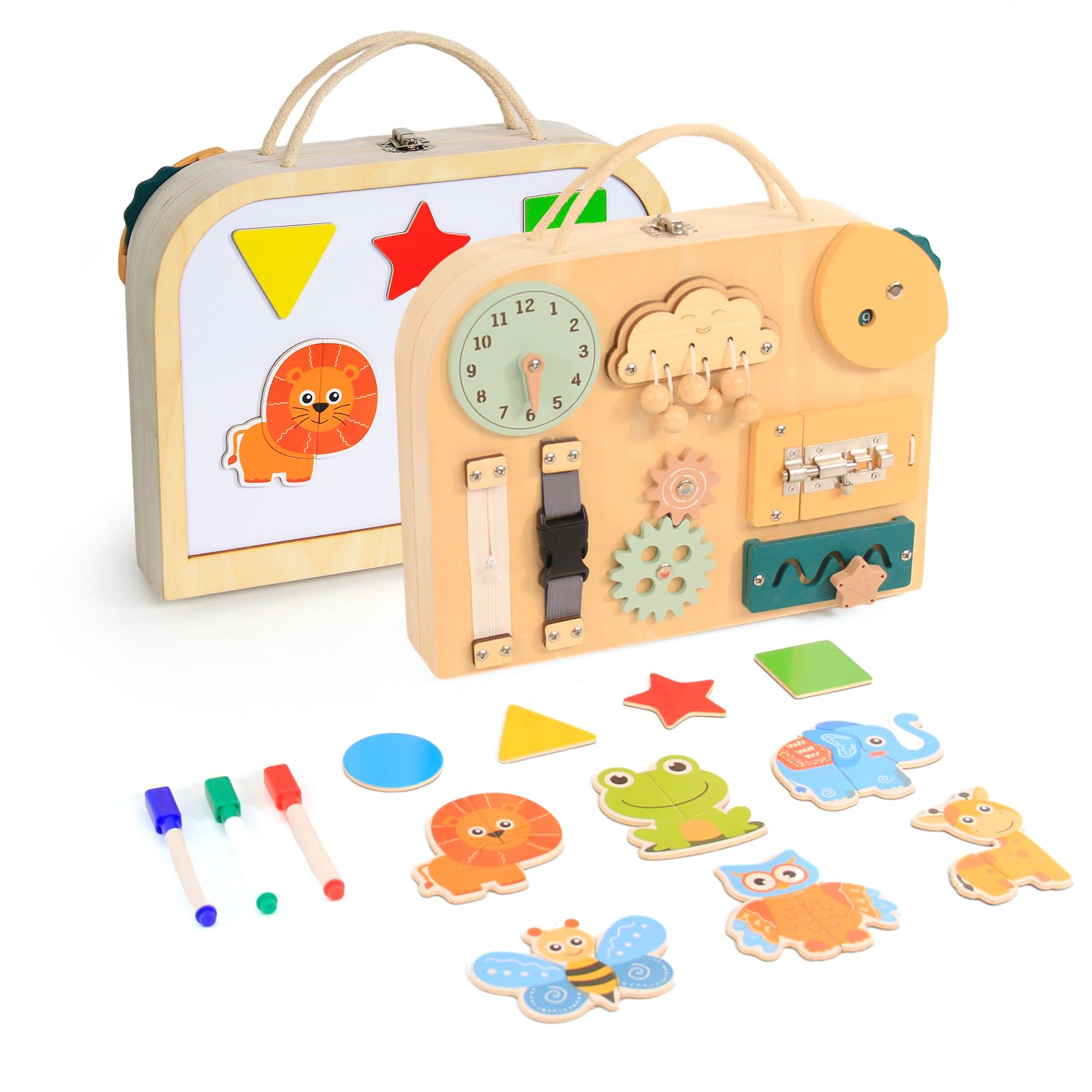 Montessori Busy Board Toddler for Toddlers with Drawing Board Baby Busy Board Wooden Sensory Board Montessori Toys Preschool Education Learning Fine Motor Life Thinking and Hands-on Skill