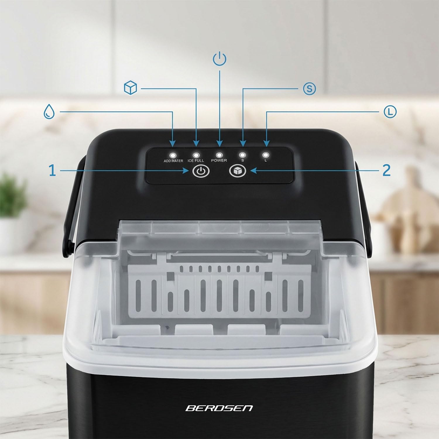 Berdsen Máquina de cubitos de hielo 12 kg/24 h – 9 cubitos de hielo en 6 – 8 minutos – Máquina para cubitos de hielo con 2 tamaños S y L – Compacta para cócteles, bebidas y bebidas – Autolimpiable