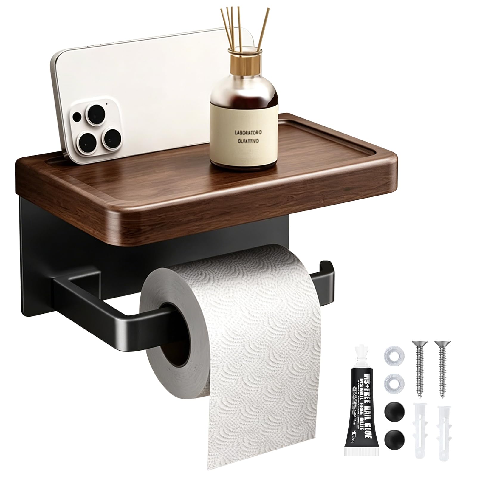 Toilet Roll holder with Walnut Wood Shelf, Toilet Paper Holder Adhesive & Wall Mounted toilet-roll holder, Black Stainless Steel Rustproof Toilet Paper Holder for Bathroom, Washroom, RV, Kitchen