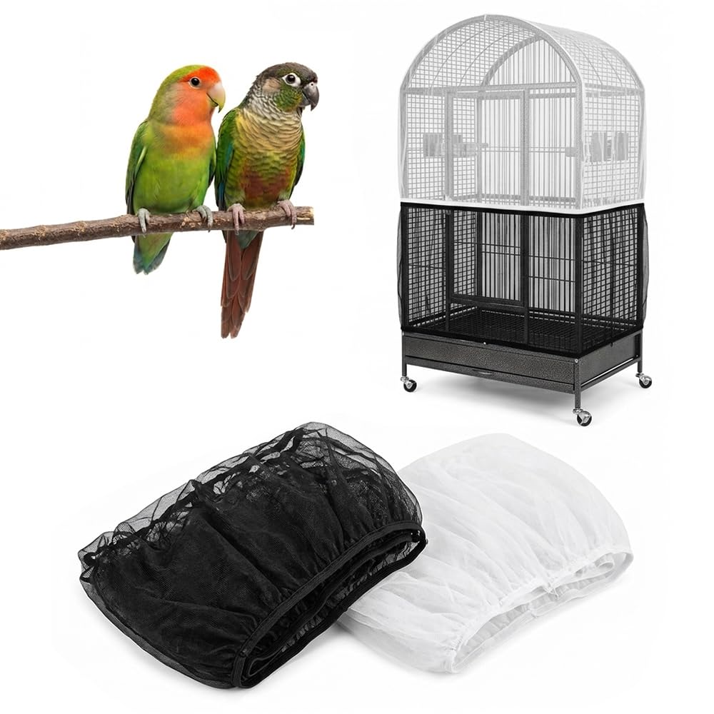 lunictto 2 Pack Bird Cage Seed Catcher Soft Mesh Net Cover & Breathable Nylon Birdcage Skirt Guard for Parrots Macaws African Greys Keeping Floors Clean with Adjustable Elastic Band XL Size