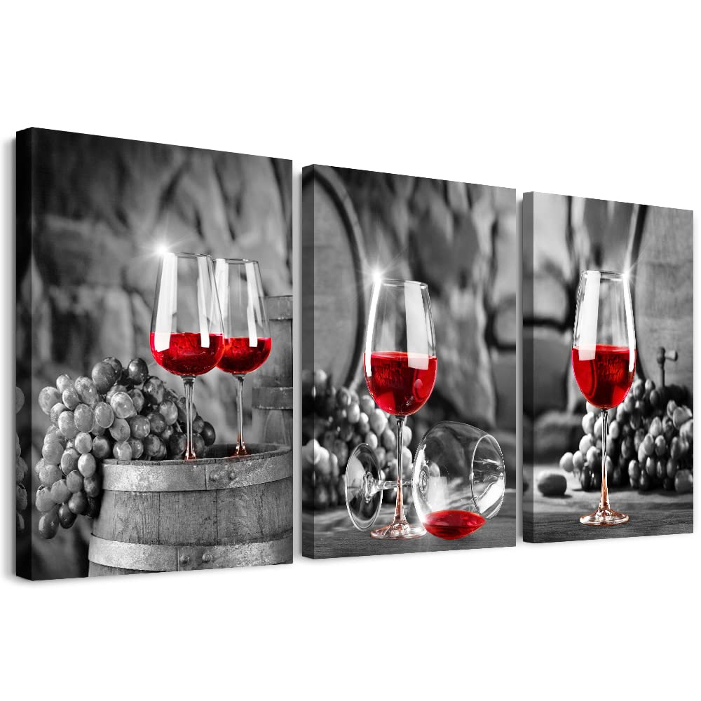 Canvas Wall Art For Kitchen Wall Decor For Dining Room Black And White Wall Paintings Modern Restaurant Canvas Art Prints Red Wine Glass Ready To Hang Pictures For Living Room Home Decoration 3 Piece