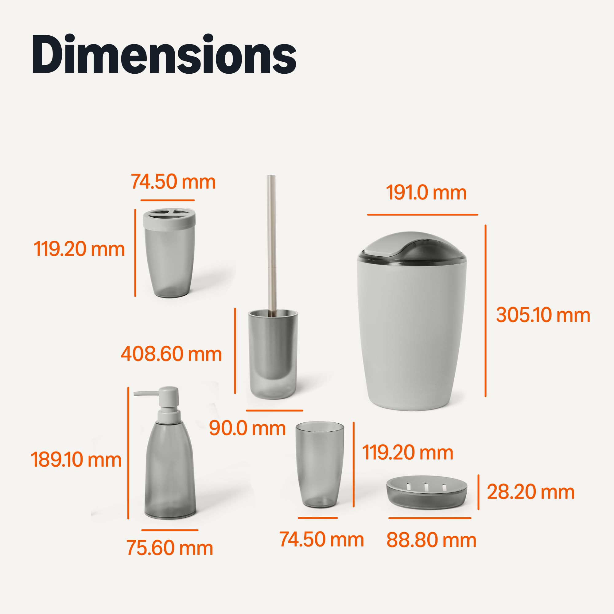 Amazon Basics, Set di Accessori da Bagno con Portaspazzolino, Dispenser di Sapone, Portasapone, Bicchiere per Spazzolino, Pattumiera, Scopino e Supporto, Grigio