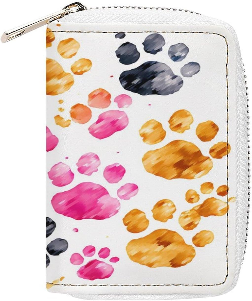 Leather Card Organizer Case Card Wallet Credit Card Holder Colorful Dog Paws Printed Zipper Card Cases Holder for Women Men