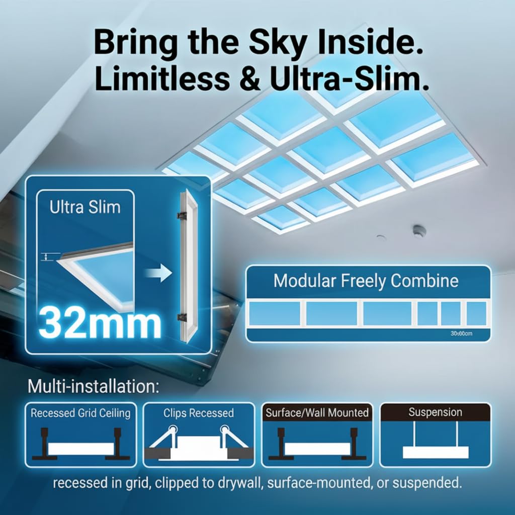 Barcelona - Pannello LED effetto cielo SKYWIN SR SMART 45 W 3375 lm 60 x 30 cm | CCT 1800 K-20000 K | Luce circolare intelligente | Controllo Tuya Bluetooth + Telecomando | Pannello Skylight Ultraslim