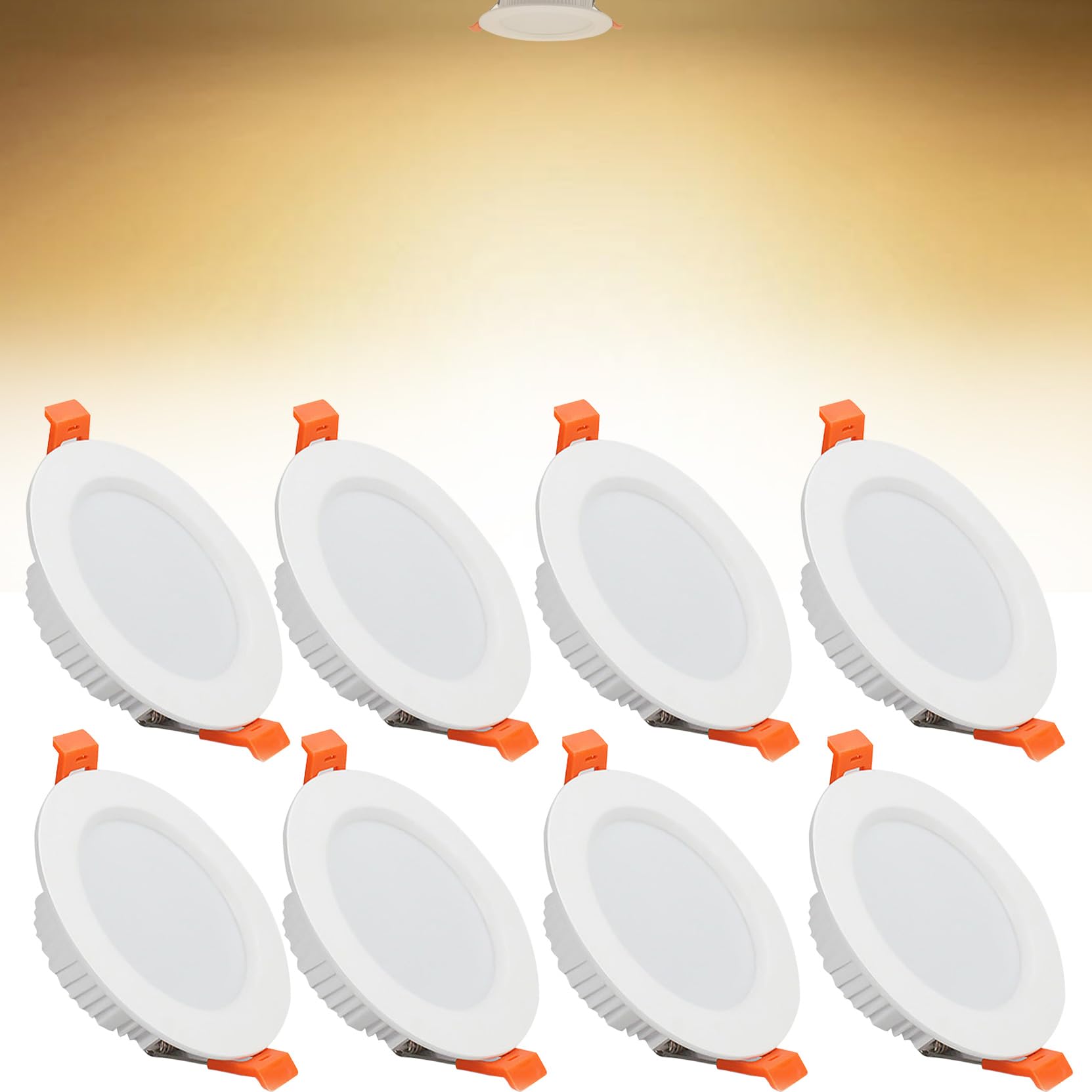 7W LED Recessed Ceiling Spotlights, 3000K Warm White Ultra Slim Panel Light, Cut Φ80-90mm, AC110-240V Round Downlights for Living Room Office, 8 Pack