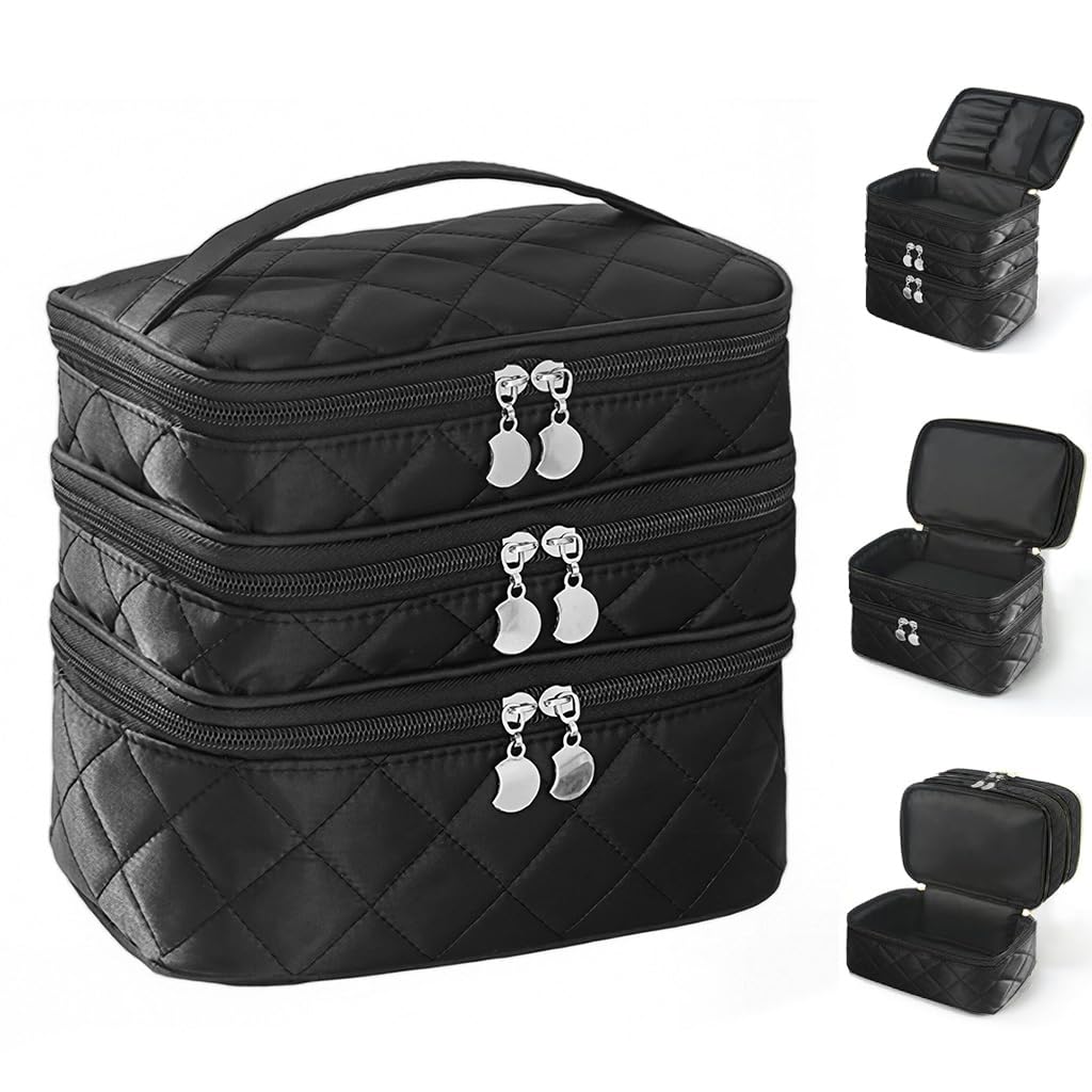 MAYCREATE® 3-Compartment Makeup Bag Toiletries Storage Travel Bag with Handle, Makeup Tool Organizer Bag, Individual Zip-up Compartment, Soft Nylon Quilting Daily Travel Makeup Bag-image-18