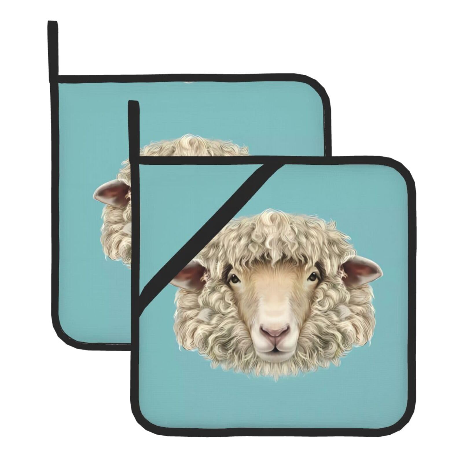 WHJSSF Sheep Head Animal Prints Square Pot Holders - Heat Resistant Kitchen Trivets 2-Pack - Waterproof Covers for Hot Dishes, Oven & Grill with Hanging Loop