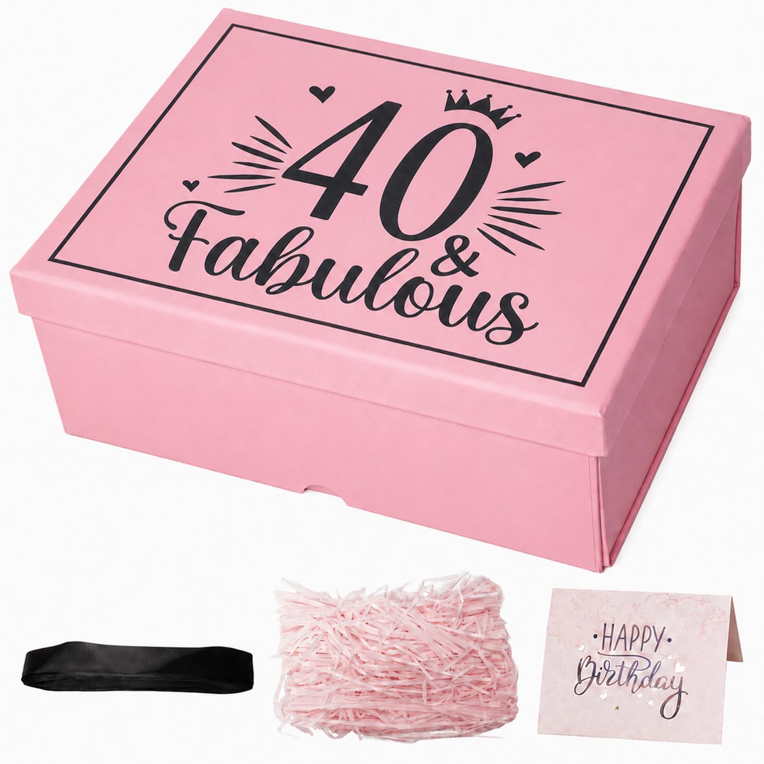 Large Pink Gift Box with Magnetic Lid for Women 40th Birthday, Includes Card, Ribbon, and Filler (Pink 40th)