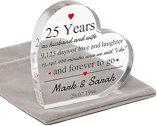 25th Wedding Anniversary Gifts Husband Wife Parents Mum and Dad, Personalised Silver Wedding Anniversary Gifts Couple Him Her, 25 Years Married, Twenty Five Years, Acrylic Heart Block With Grey Bag