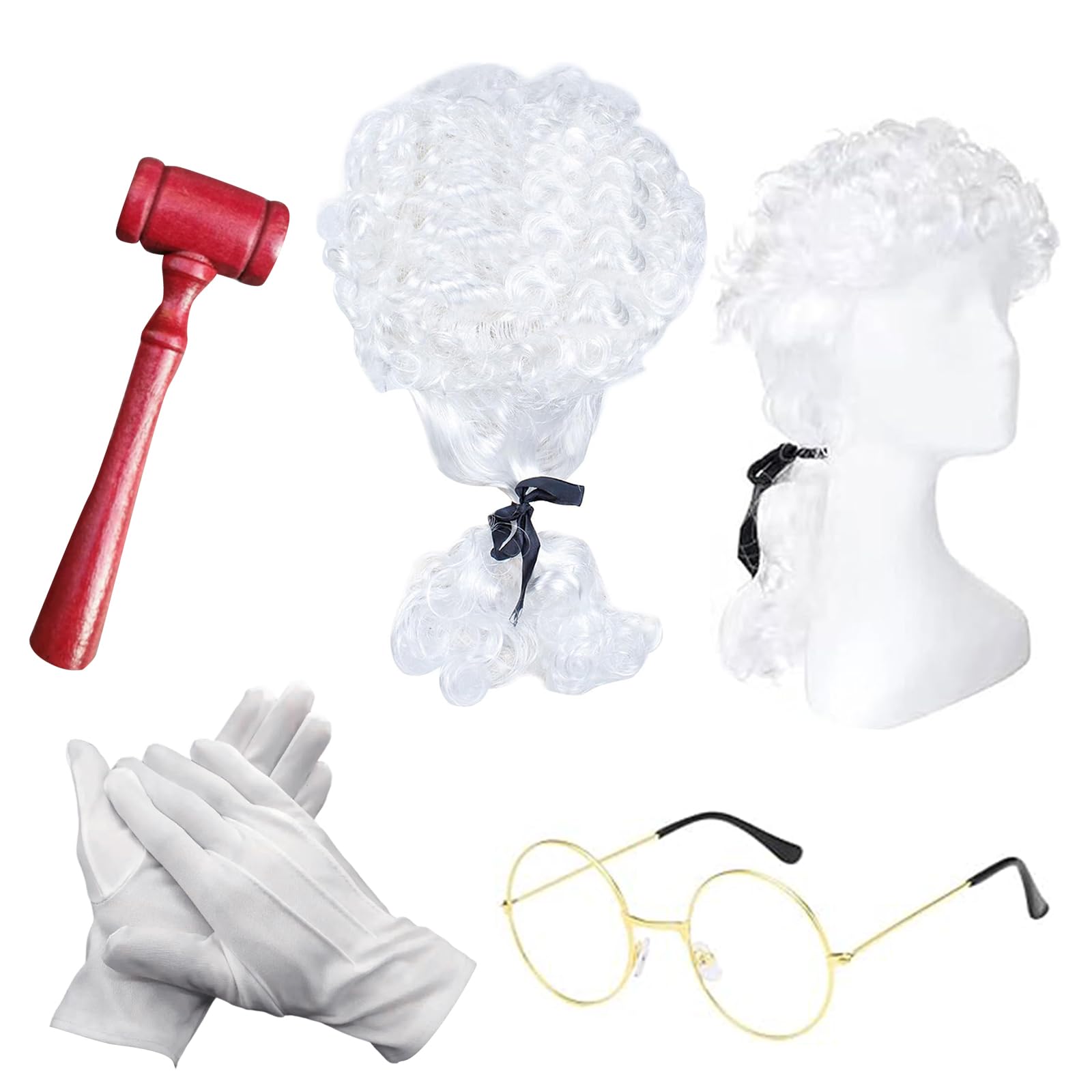 4pcs Judge Court Lawyer Costume Accessories Wig, Wave Hairpiece,Halloween Makeup Themed Party, Fancy Costumes, Role-Playing(White)