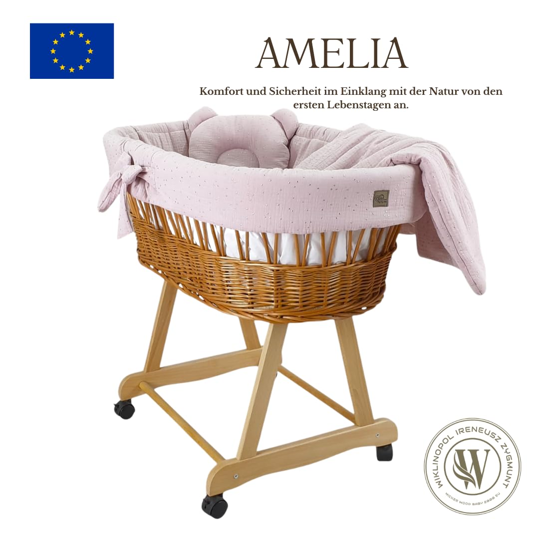 WIKLINOPOL - Moisés completo con cesta de moisés natural, colchón y ropa de cama de algodón 100% en color lila dorado, espacio seguro para dormir con ruedas y freno, modelo Amelia