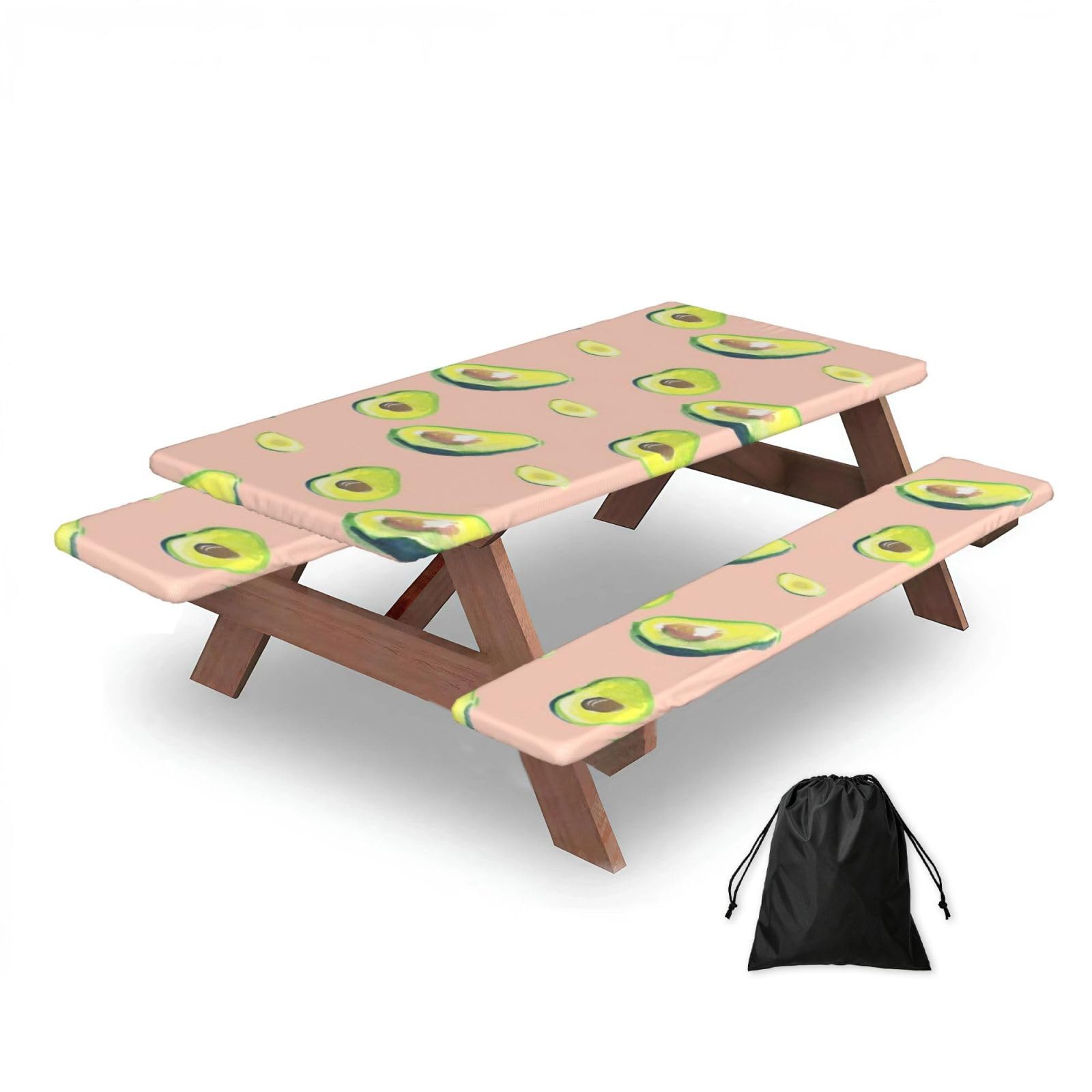 Many Avocado Images Print, Picnic Table Cover With Bench Covers -Waterproof Elastic Fitted Tablecloth for Garden Camping Patio 76x152cm