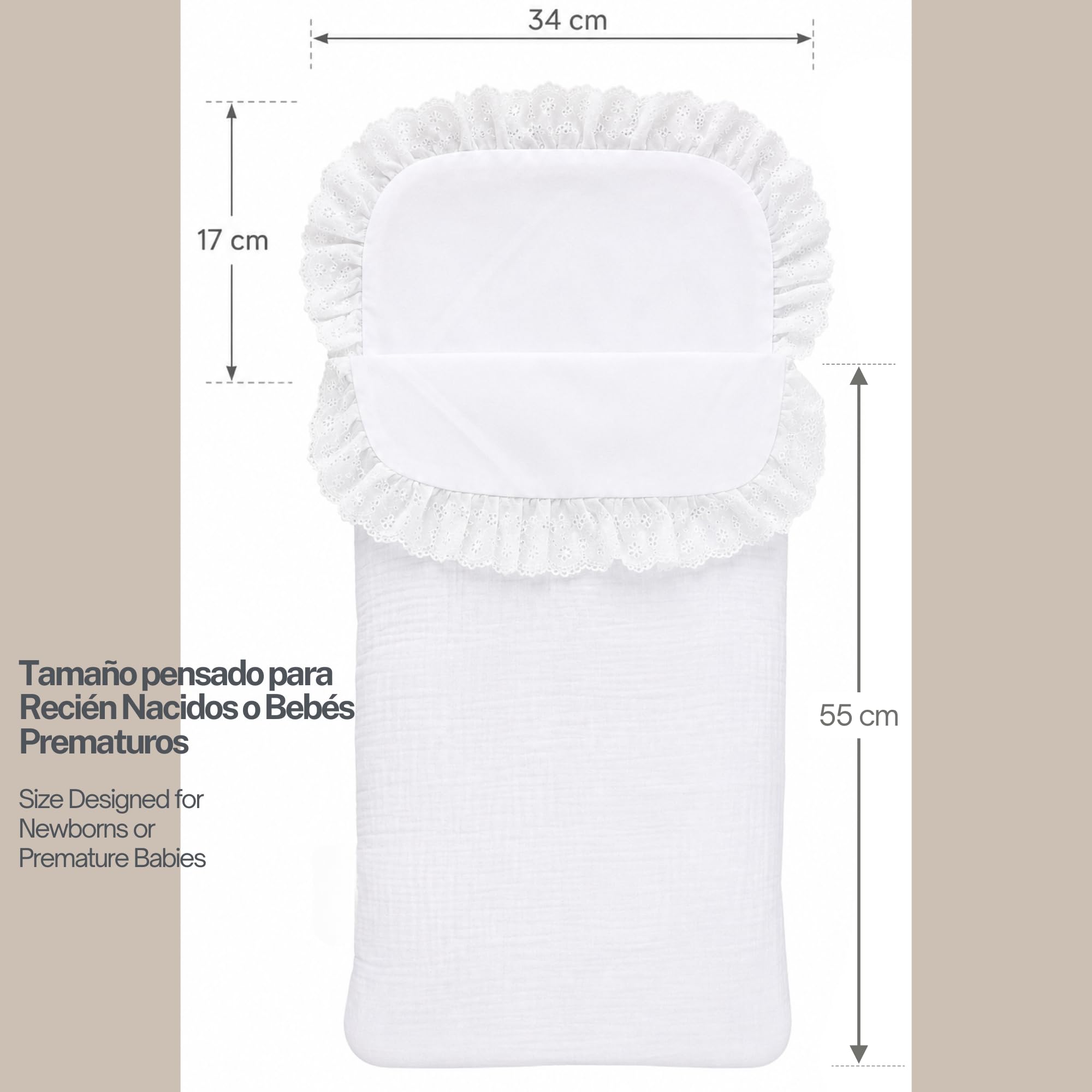 Thermikoa Saco Arrullo Bebé Recién Nacido 72x34 cm – Saco Capazo Universal (Blanco Muselina) - Tamaño Pequeño