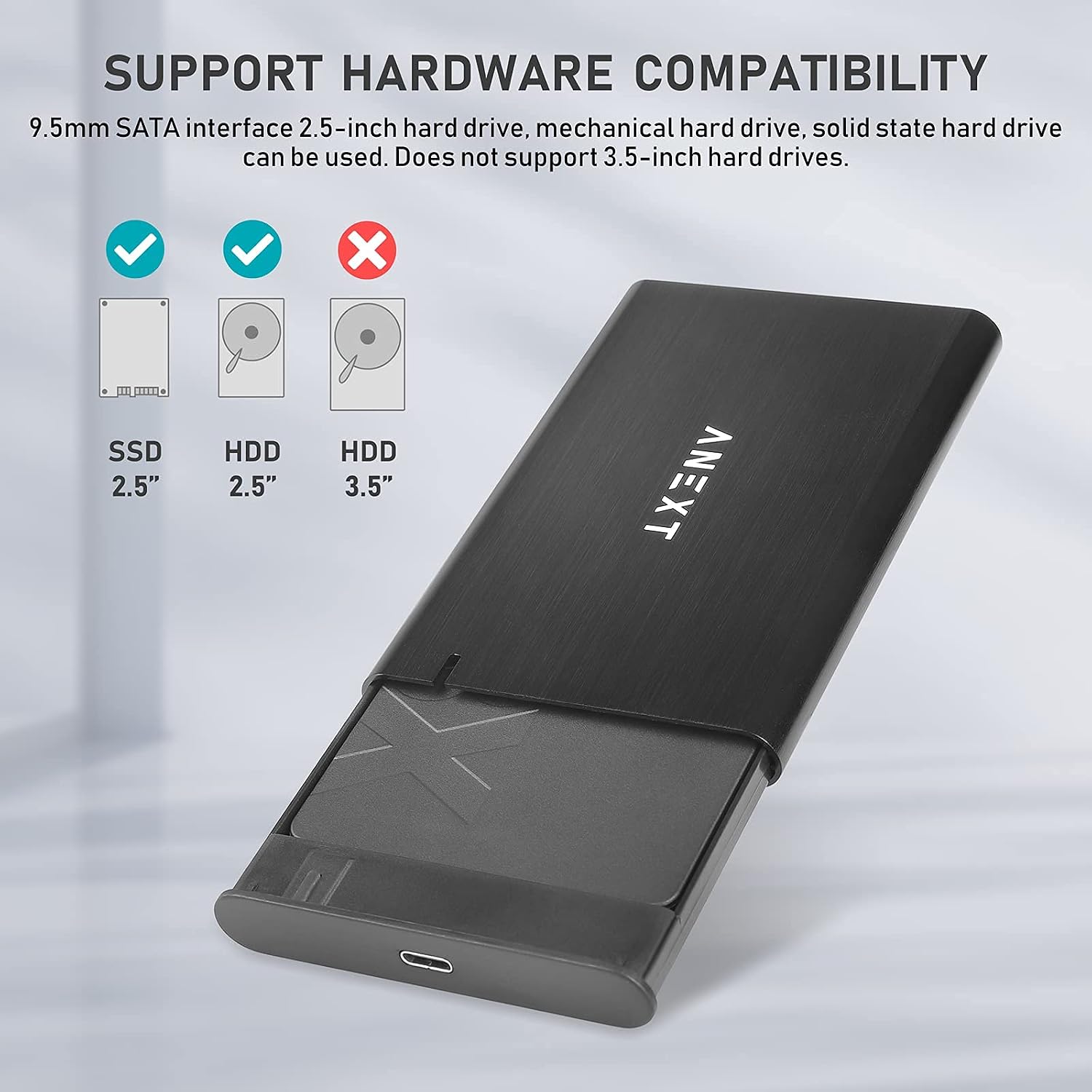 ANEXT 2.5 USB 3.1 Gen2 External Hard Drive Enclosure, Portable Black Aluminum Hard Disk Case for 2.5 inch 7mm 9.5mm SATA HDD SSD, Max 4TB - Anext Series.(Includes a USB C to USB C Cable)