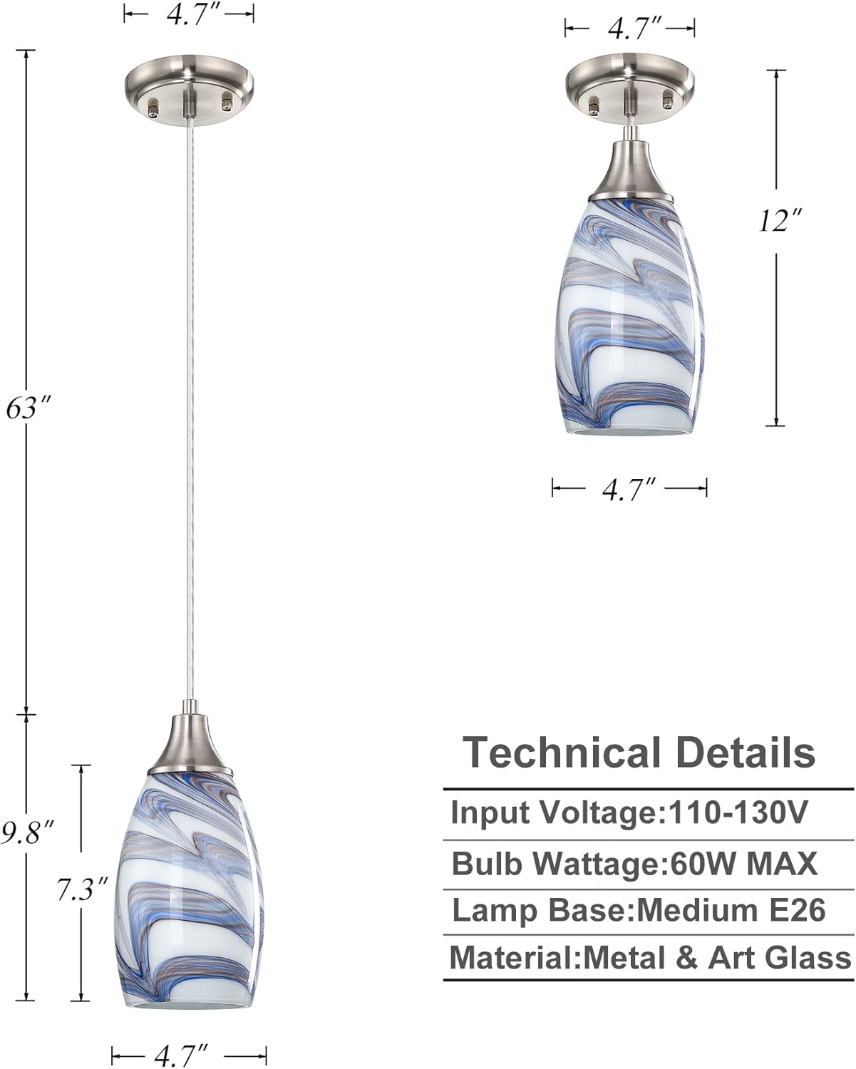 karyfine Mini Art Glass Pendant Lights Kitchen Island Blown Glass Pendant Lighting with Brushed Nickel Finish Adjustable Cord Ceiling Hanging Lamp for Hallway,Dining Room White and Dark Blue-1P