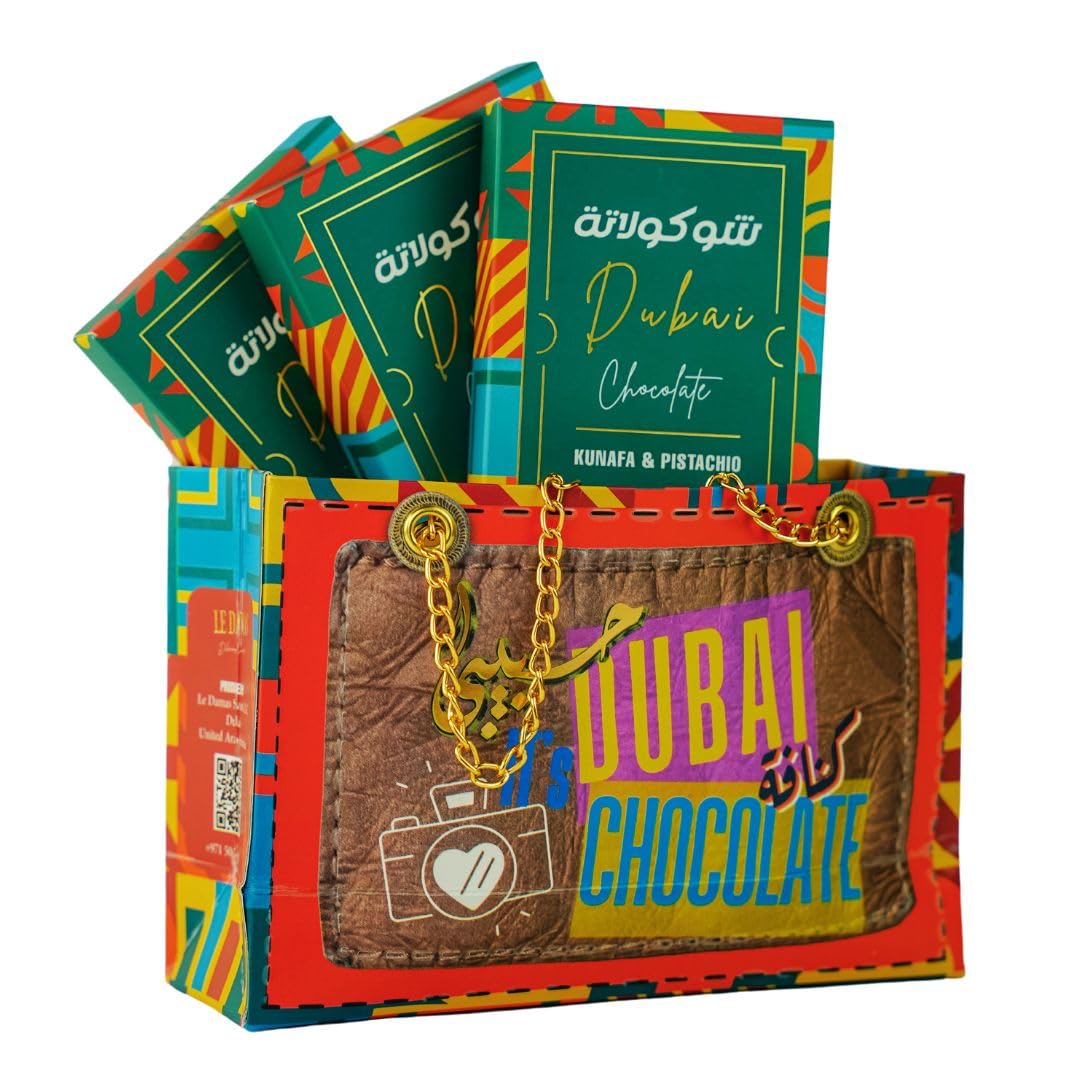 Gift pack :3 pieces dubai chocolate bundle (3 pieces of 200g each) with gift bag kunafa chocolate bars. Ideal gift, beautiful packaging.