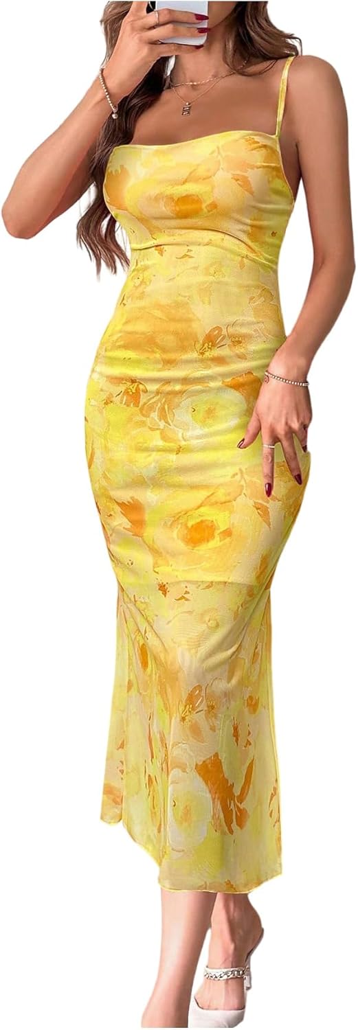 GORGLITTER Women's Floral Ruched Bodycon Midi Dress Mesh Fishtail Summer Wedding Guest Cocktail Going Out Dresses 2025 Yellow Medium