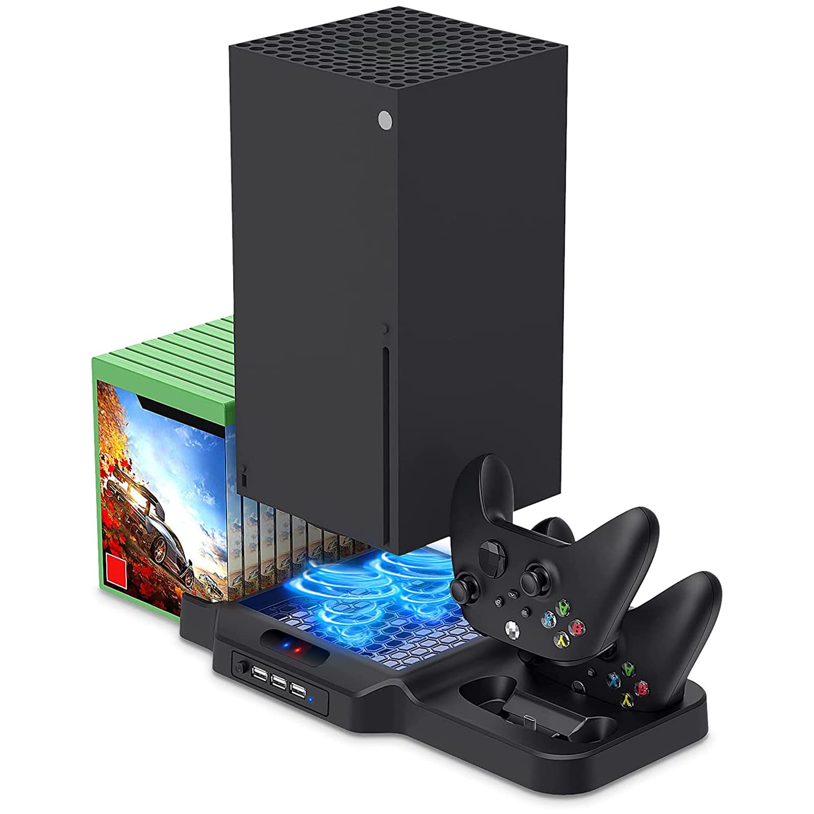 Vertical Cooling Stand Compatible with Xbox Series X / S Console, Dual Controller Charging Station Dock Accessories with Cooling Fan System and Game Storage