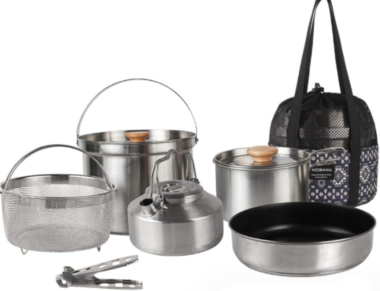 焦げ付き防止&amp;折り畳みハンドルでアウトドア料理が楽々。軽量ステンレス調理セット、ネスト式で収納コンパクト。キャンプから防災備